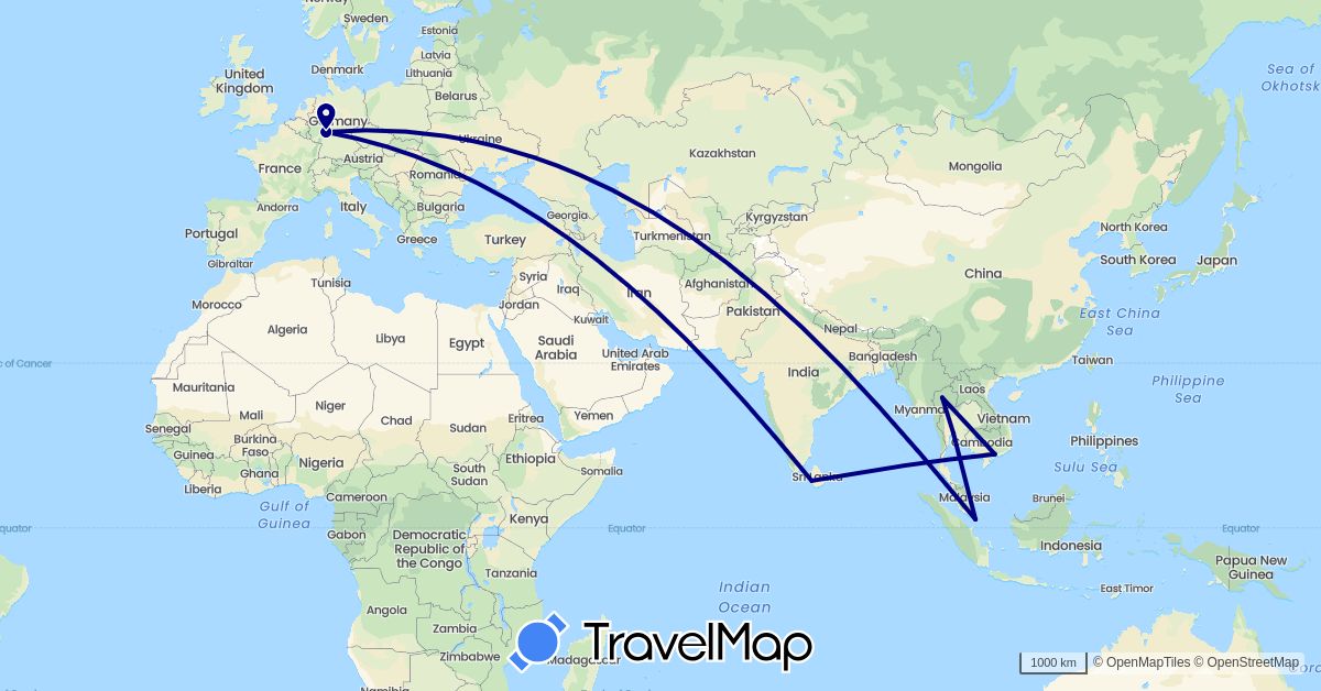 TravelMap itinerary: driving in Germany, Sri Lanka, Singapore, Thailand, Vietnam (Asia, Europe)